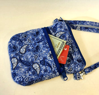 Blue Paisley Cell Phone Bag-cell phone bag, zipped bag, blue, paisley, cotton, crossbody strap, quilted bag, crossbody quilted bag for women, bum bag, festival bag, waist bag, handmade purse, blue purse