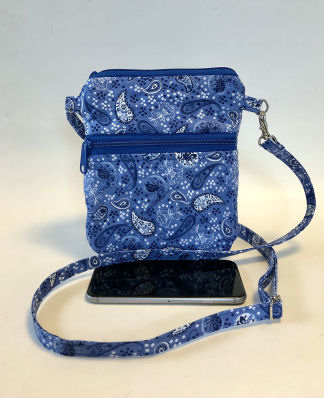 Blue Paisley Cell Phone Bag-cell phone bag, zipped bag, blue, paisley, cotton, crossbody strap, quilted bag, crossbody quilted bag for women, bum bag, festival bag, waist bag, handmade purse, blue purse