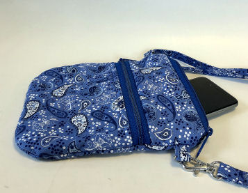 Blue Paisley Cell Phone Bag-cell phone bag, zipped bag, blue, paisley, cotton, crossbody strap, quilted bag, crossbody quilted bag for women, bum bag, festival bag, waist bag, handmade purse, blue purse