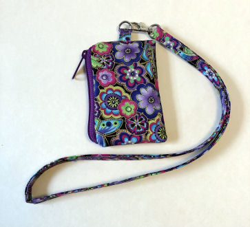 Purple ID Wallet Lanyard-lanyard, floral, Laurel Burch, fabric, ID window, cash purse, credit card purse, vinyl ID window wallet, fabric lanyard, thin lanyard, minimalist bag, floral wallet, small wallet, small purse, credit card wallet