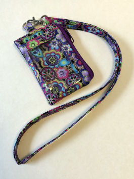 Purple ID Wallet Lanyard-lanyard, floral, Laurel Burch, fabric, ID window, cash purse, credit card purse, vinyl ID window wallet, fabric lanyard, thin lanyard, minimalist bag, floral wallet, small wallet, small purse, credit card wallet