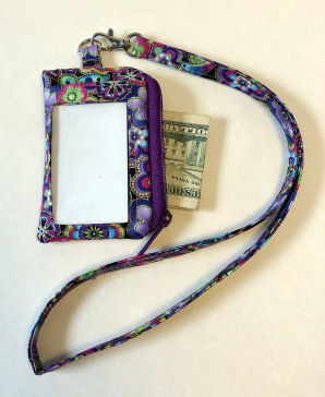 Purple ID Wallet Lanyard-lanyard, floral, Laurel Burch, fabric, ID window, cash purse, credit card purse, vinyl ID window wallet, fabric lanyard, thin lanyard, minimalist bag, floral wallet, small wallet, small purse, credit card wallet