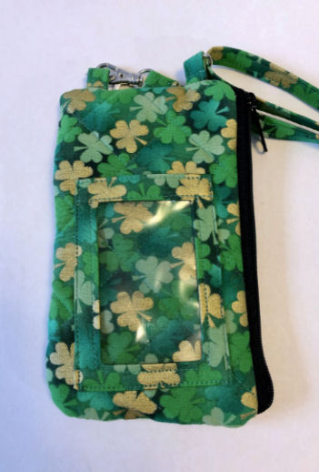 Shamrock Phone Wallet-shamrock phone wallet, Irish phone wallet, zipped purse, zipped wallet, phone wallet lanyard, green phone wallet, wallet ID window, quilted phone wallet, crossbody strap phone wallet, zipped bag, shamrock bag, green bag