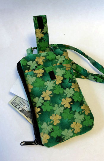 Shamrock Phone Wallet-shamrock phone wallet, Irish phone wallet, zipped purse, zipped wallet, phone wallet lanyard, green phone wallet, wallet ID window, quilted phone wallet, crossbody strap phone wallet, zipped bag, shamrock bag, green bag