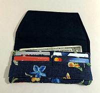 Embroidered Denim Woman's Wallet-womans wallet, embroidered denim, slim wallet, minimalist wallet, navy, denim wallet, credit card slip wallet, cash bill pocket wallet, floral fabric wallet, fabric wallet, navy denim wallet, womans floral wallet, wallet for women