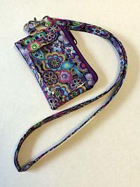 Purple ID Wallet Lanyard-lanyard, floral, Laurel Burch, fabric, ID window, cash purse, credit card purse, vinyl ID window wallet, fabric lanyard, thin lanyard, minimalist bag, floral wallet, small wallet, small purse, credit card wallet